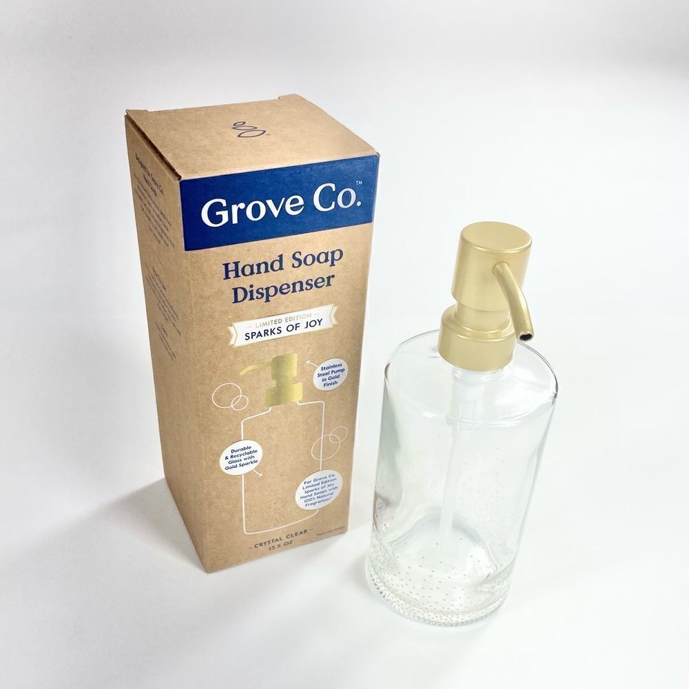 Grove collaborative sparks of Joy hand soap dispenser clear gold 13.5